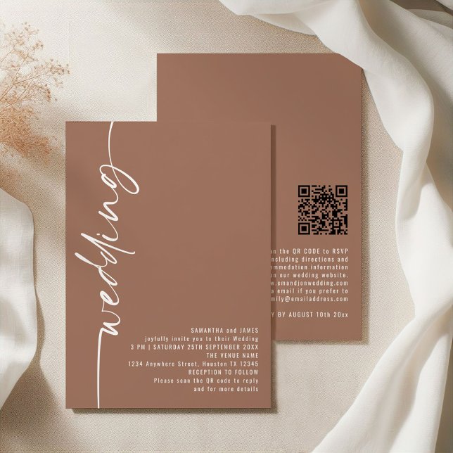 Classy Calligraphy QR Code Soft Brown Wedding Invitation (Front and back view)