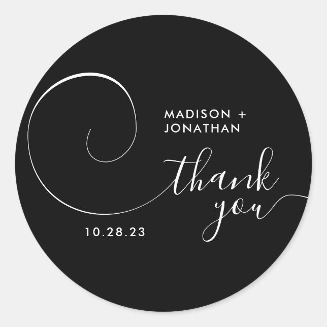 Classy Calligraphy Script Black Wedding Thank you Classic Round Sticker (Front)