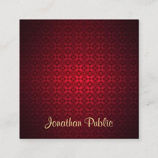Classy Calligraphy Script Name Elegant Red Damask Square Business Card (Front)