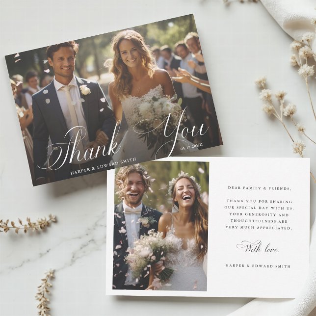 Classy Calligraphy Wedding 2 Photo Thank You Card (Front & Back)