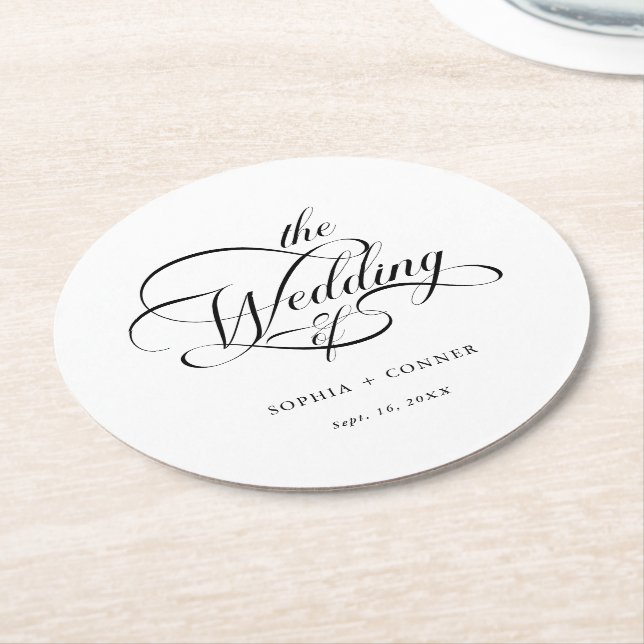 Classy Calligraphy Wedding Black & White Round Paper Coaster (Angled)