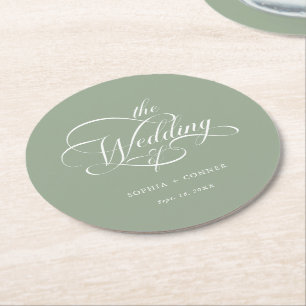 Classy Calligraphy Wedding Sage Green Round Paper Coaster