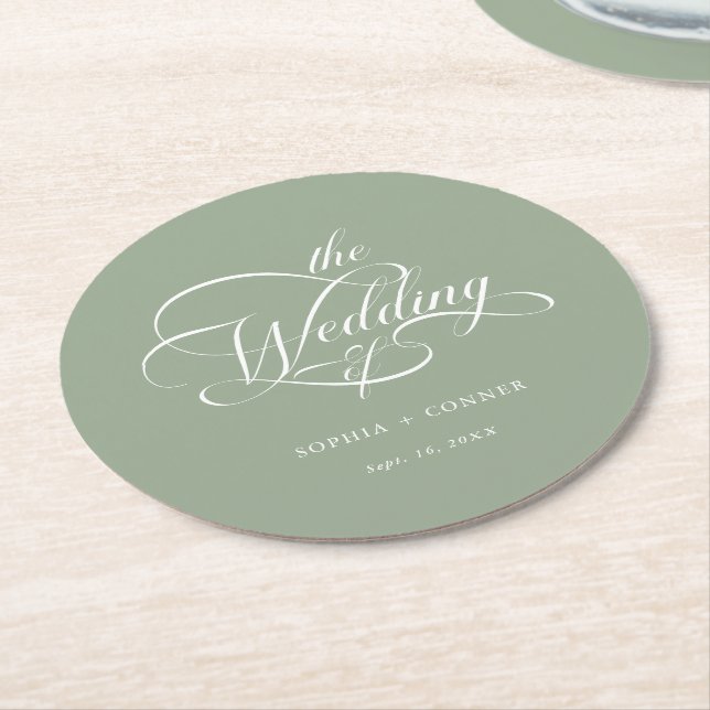 Classy Calligraphy Wedding Sage Green Round Paper Coaster (Angled)