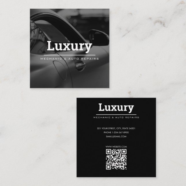 Classy Car Photo Repairs Mechanics QR Code Square Business Card (Front/Back)