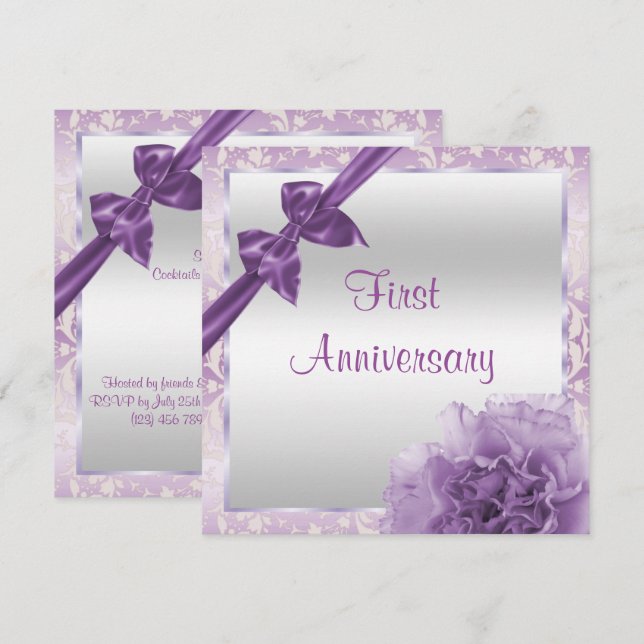 Classy Carnation & Bow 1st Wedding Anniversary Invitation (Front/Back)