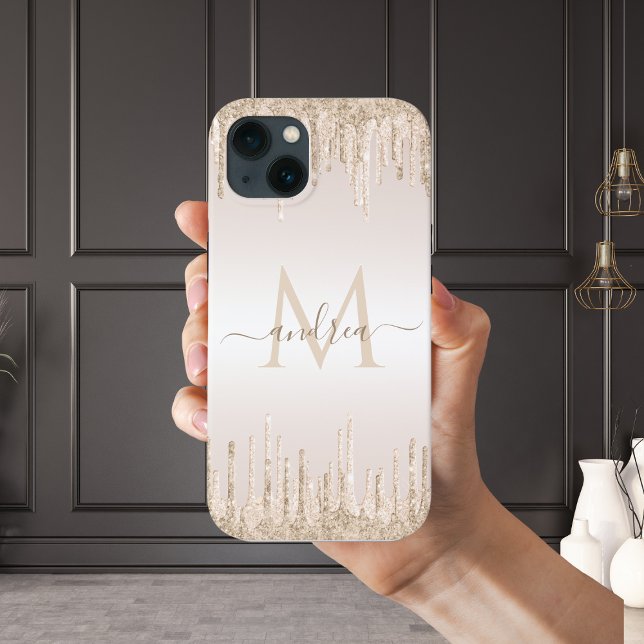 Classy Champagne Glitter Dripping Monogrammed Name Case-Mate iPhone Case (Creator Uploaded)