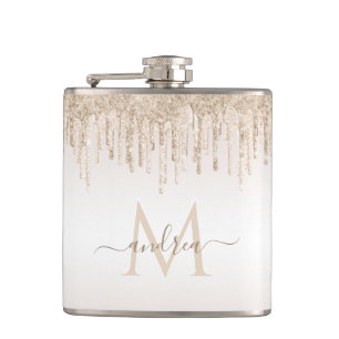 Classy Champagne Glitter Dripping Monogrammed Name Hip Flask