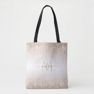 Classy Champagne Glitter Dripping Monogrammed Name Tote Bag