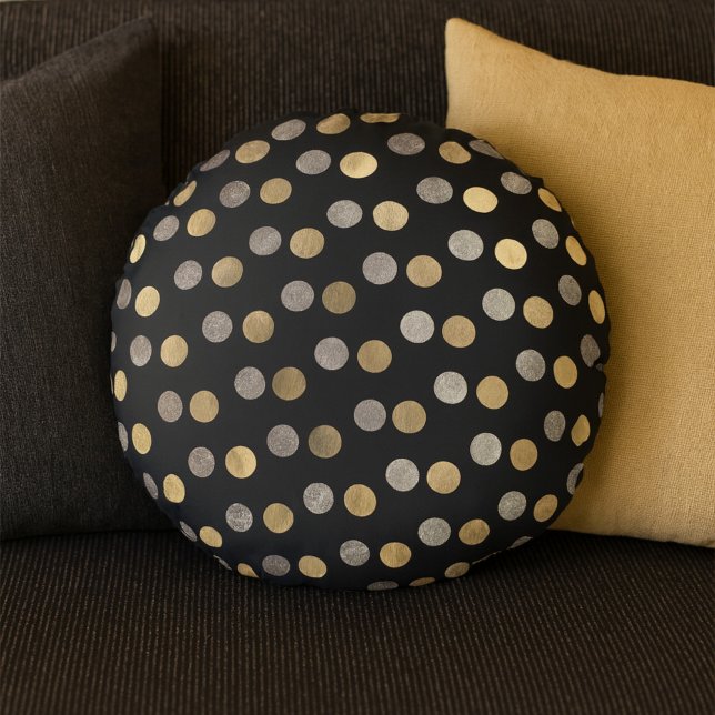  Classy Charcoal Silver Gold Polka Dots Round Grey Cushion (Creator Uploaded)