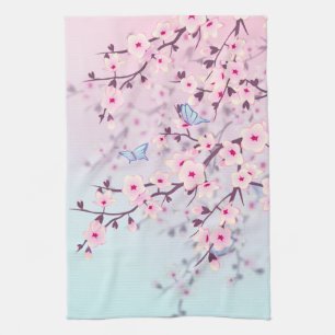 Classy Cherry Blossoms  Landscape Pink Blue Tea Towel