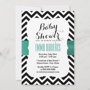 Classy Chevron Stripes Teal Ribbon Baby Shower Invitation