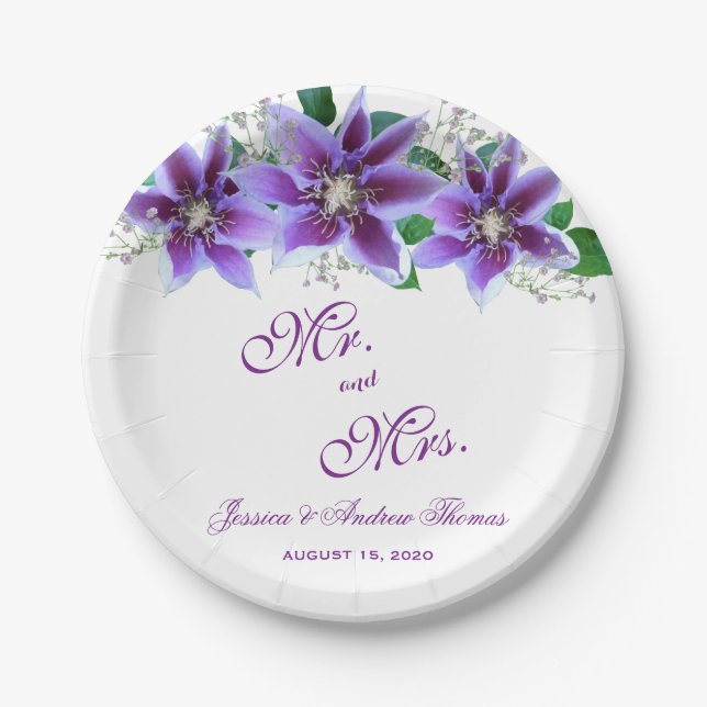 Classy Chic Clematis Wedding Paper Plate (Front)