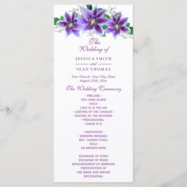 Classy Chic Clematis Wedding Program Programme (Front)