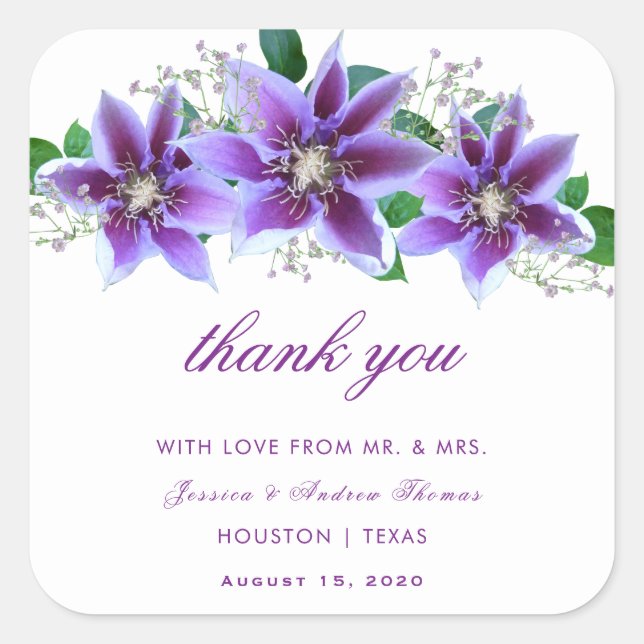 Classy Chic Clematis Wedding Thank You Square Sticker (Front)