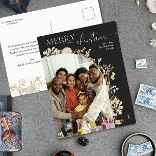 Classy Chic Dark Gold Flowers Photo Christmas Holiday Postcard