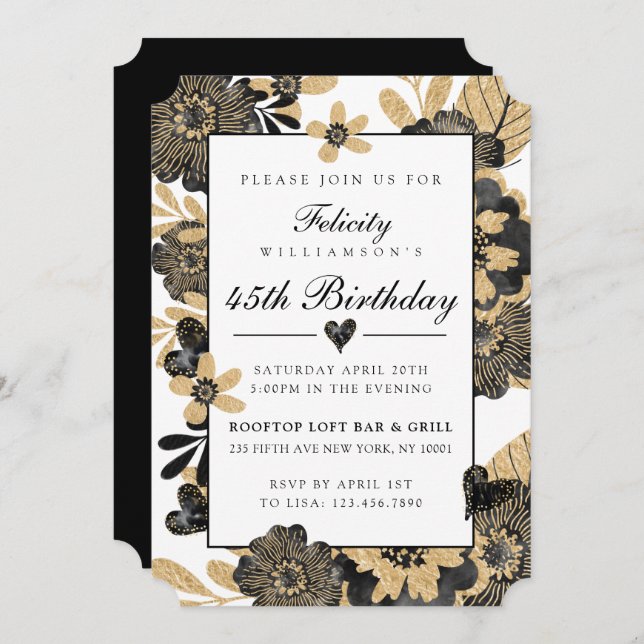 Classy Chic Floral Black Gold Birthday Invitation (Front/Back)