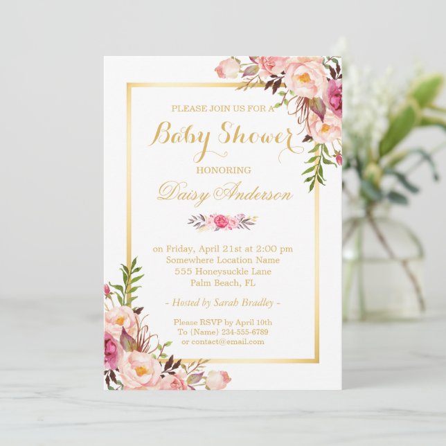 Classy Chic Floral Golden Frame Baby Shower Invitation (Standing Front)