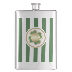 Classy chic golden lucky shamrock green stripes hip flask