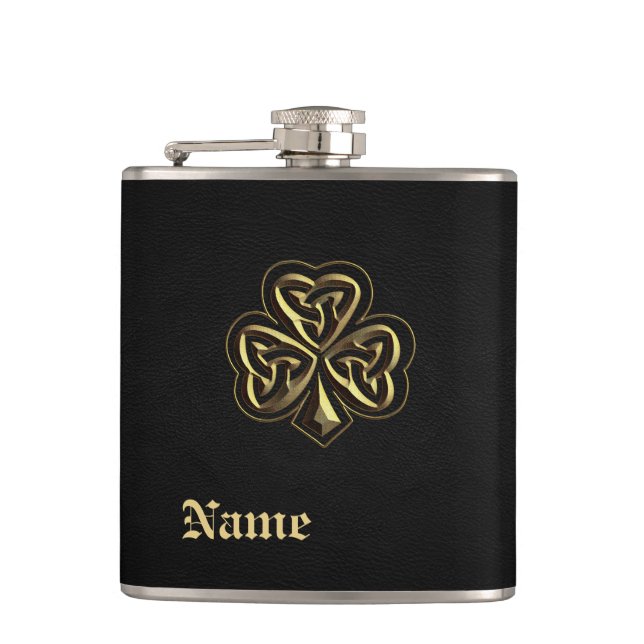 Classy chic golden lucky shamrock leather look hip flask (Front)