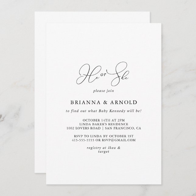 Classy Chic Minimalist He or She Gender Reveal  Invitation (Front/Back)