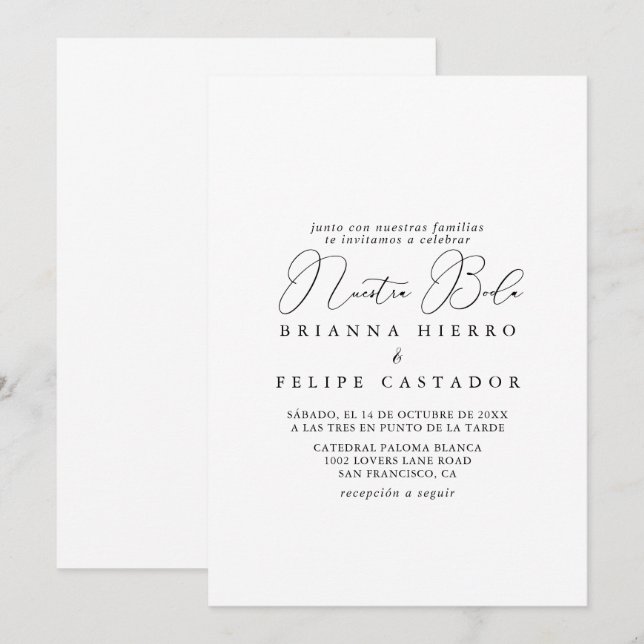 Classy Chic Minimalist Nuestra Boda Wedding  Invitation (Front/Back)