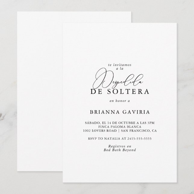 Classy Chic Minimalist Spanish Bridal Shower Invitation (Front/Back)