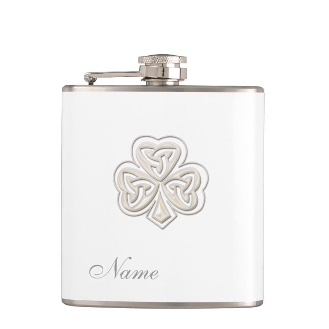 Classy chic pearl lucky shamrock personalised hip flask (Front)