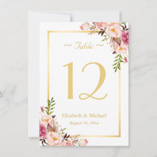 Classy Chic Pink Floral Gold Wedding Table Number
