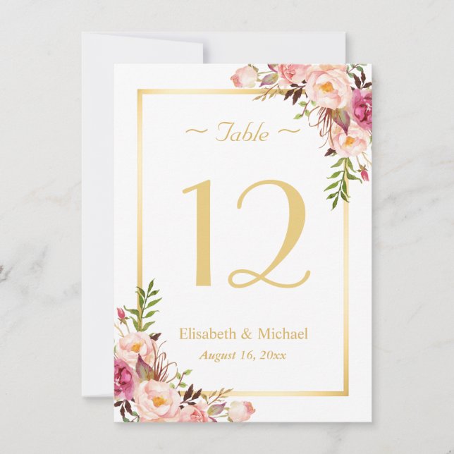 Classy Chic Pink Floral Gold Wedding Table Number (Front)