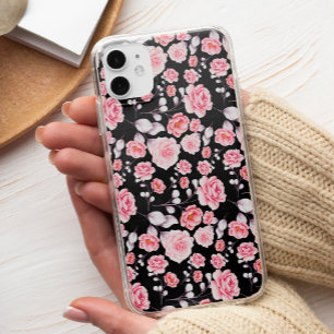 Classy Chic Pink Floral Pattern on Black iPhone 13 Pro Max Case