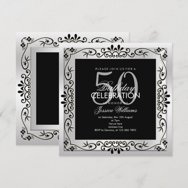 Classy Chic Silver Decorative Framed 50th Birthday Invitation (Front/Back)