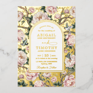 Classy Chinoiserie Pink Peony Floral Birds Wedding