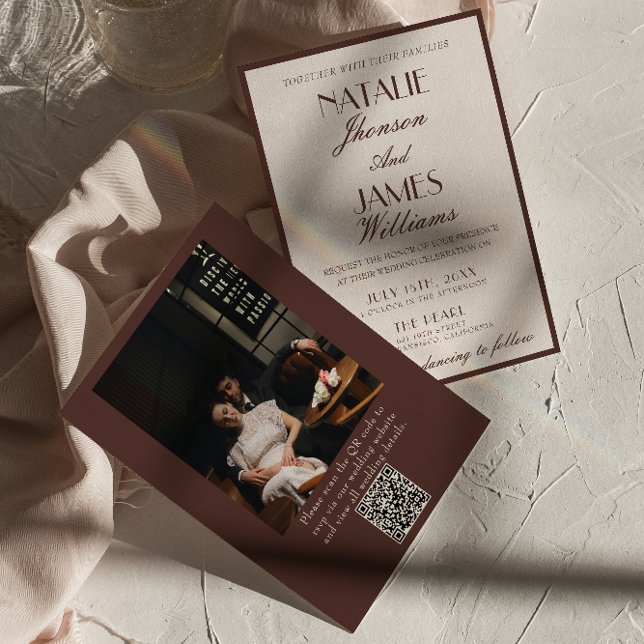 Classy Chocolate Brown Fancy Photo QR Code Wedding Invitation (Creator Uploaded)