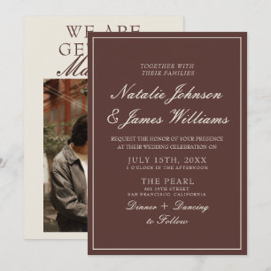 Classy Chocolate Brown Old Money Photo Wedding Invitation