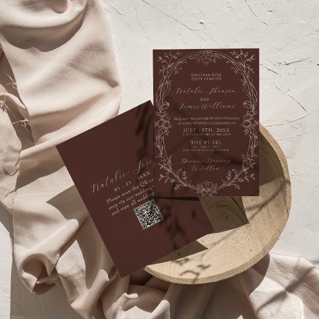 Classy Chocolate Brown Old Money QR Code Wedding  Invitation (Creator Uploaded)