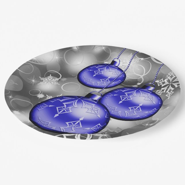 Classy Christmas Blue Silver Grey Paper Plate (Angled)
