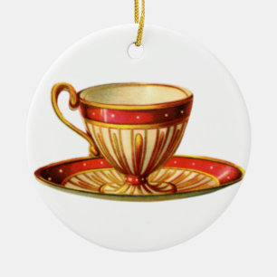 Classy Christmas Ornament Ceramic Red Teacup Gold