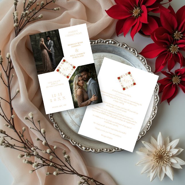Classy Christmas Wedding Floral Wreath 2-Photo Save The Date (Classy Charming Christmas Wedding Floral Wreath 2 Photos Save the Dates Cards with Initials.)