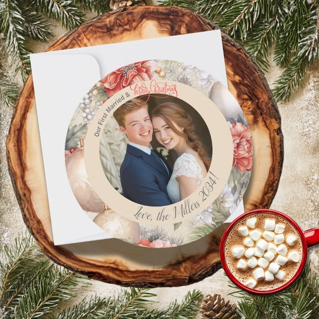 Classy Circle Our First Married Christmas Photo Holiday Card (Creator Uploaded)