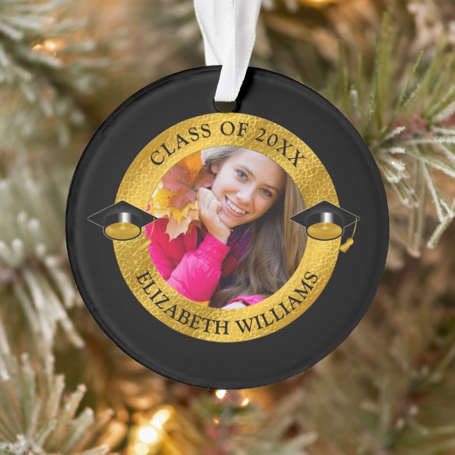 Classy Class of 2019 Black | Gold Photo Keepsake Ornament (Tree)