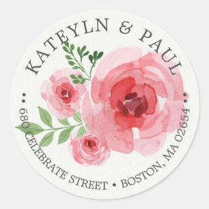 Classy Classic Pink Floral Return Address Wedding Round Sticker