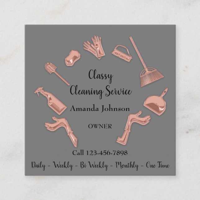 Classy Cleaning Service Gold Logo Maid House Grey Square Business Card (Front)