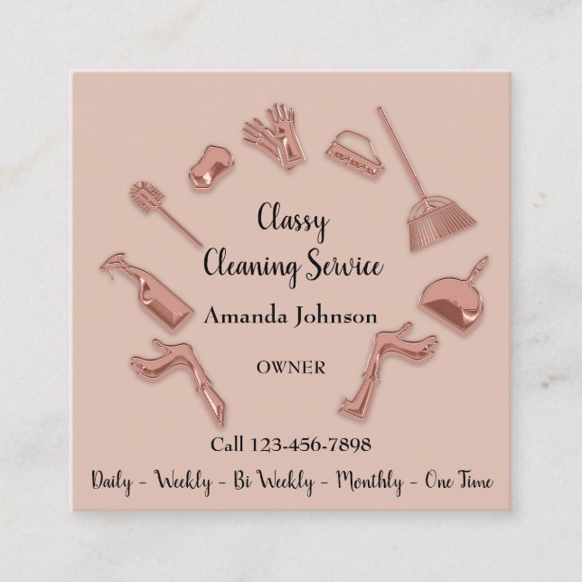 Classy Cleaning Service Gold Logo Maid House VIP Square Business Card (Front)