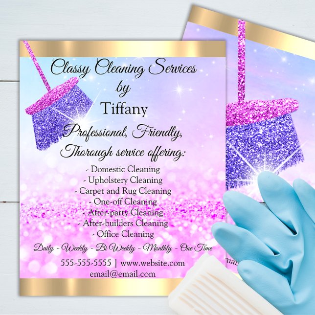 Classy Cleaning Service House Keeping Pink Maid Flyer (Classy Cleaning Service Maid Purple Silver QRCODE Business Card)