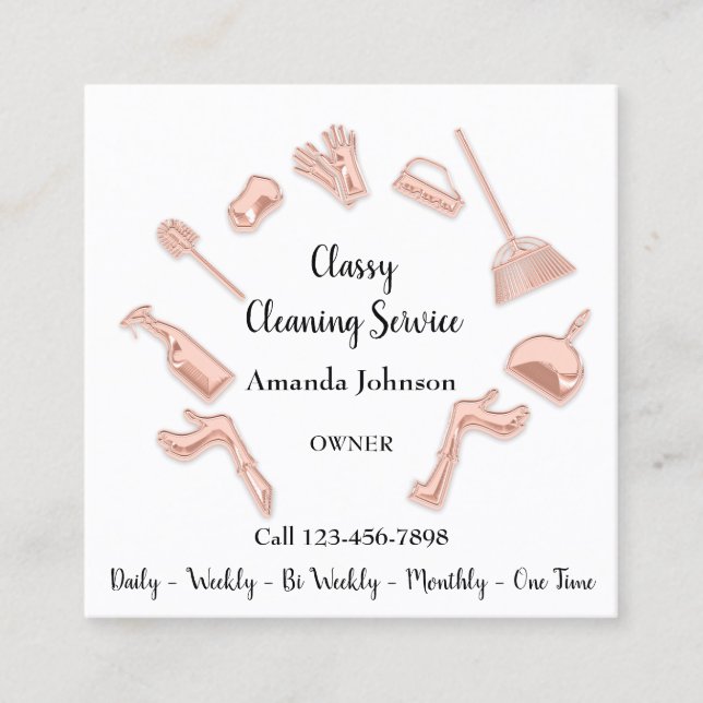 Classy Cleaning Service House Logo Maid Glam Rose Square Business Card (Front)