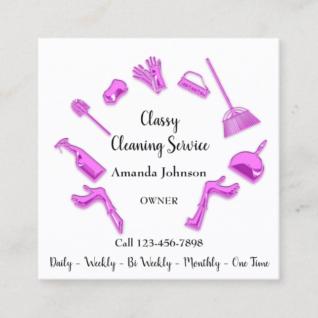 Classy Cleaning Service House Logo Maid Pink Square Business Card (Front)