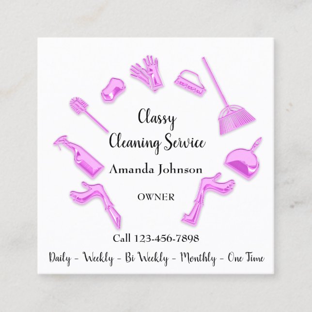 Classy Cleaning Service House Logo Maid Pink White Square Business Card (Front)