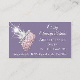 Classy Cleaning Service Maid Broom Crown Purple  Business Card