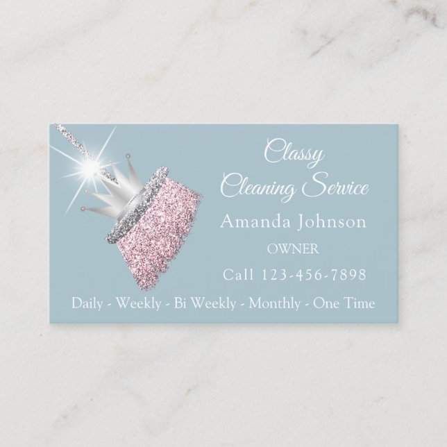 Classy Cleaning Service Maid Broom Crown  Silver Business Card (Front)