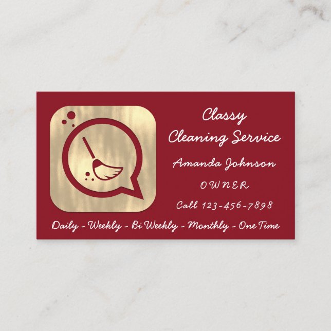 Classy Cleaning Service Maid Gold Groom Burgundy Business Card (Front)